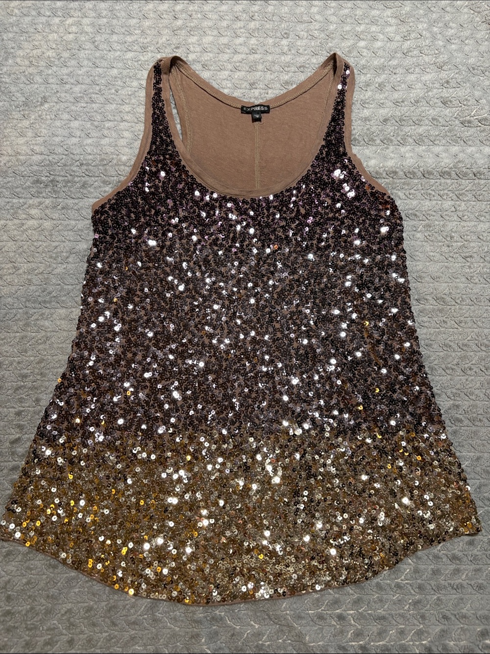 Express Sequin Ombre Tank Top in Taupe and Gold